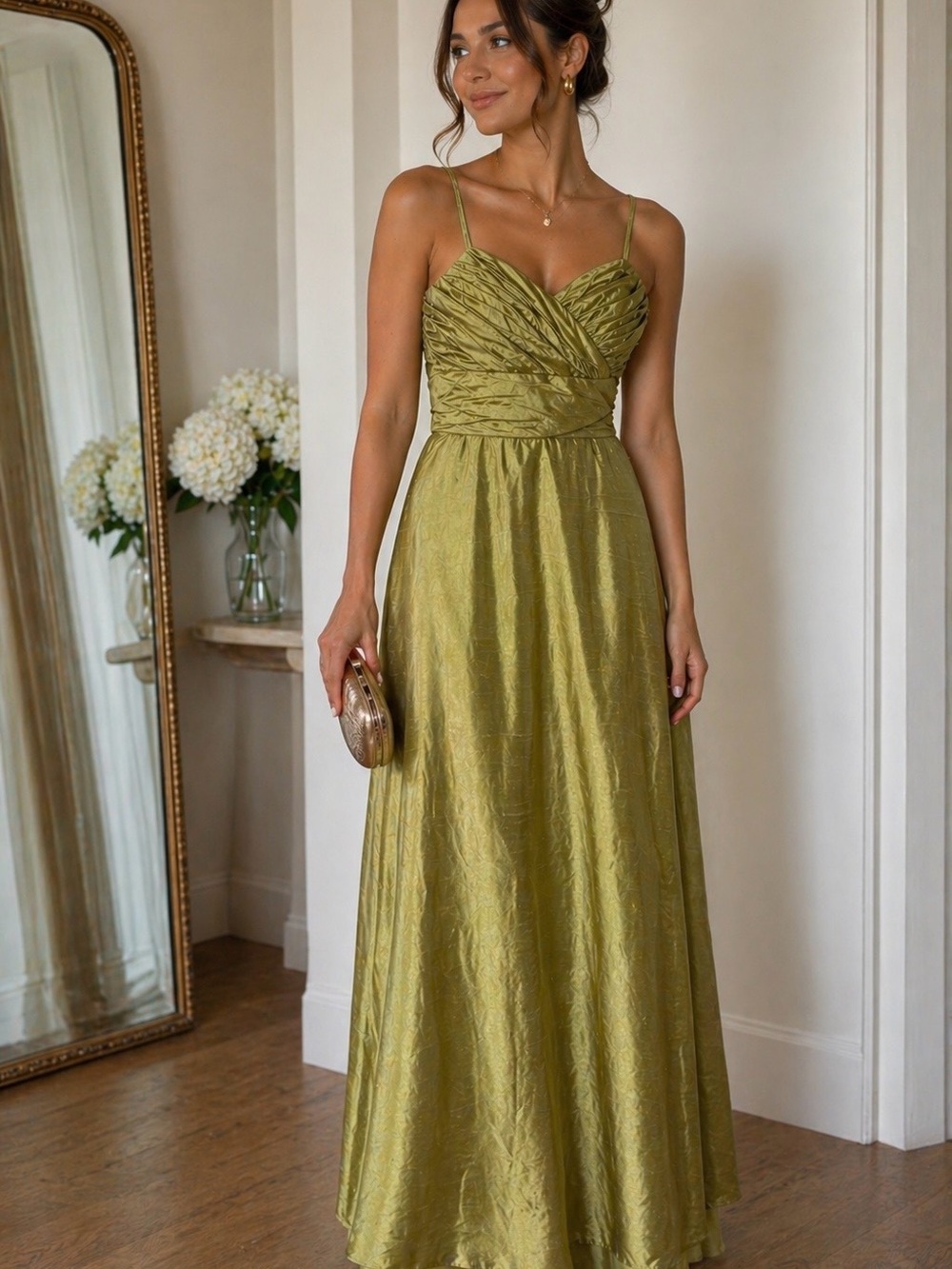Vintage 90s Silk Dupioni Olive Green Formal Dress Full-Length Watters & Watters